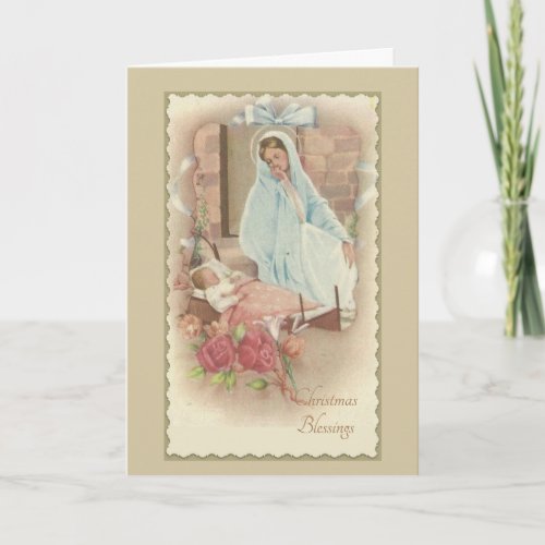 Nativity Blessed Mother Baby Jesus in Manger Holiday Card