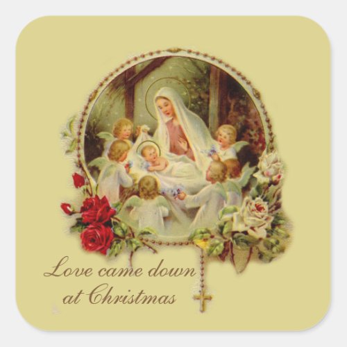 Nativity Blessed Mother Baby Jesus Rosary Roses Sq Square Sticker