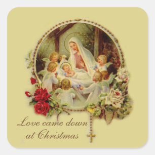 Nativity Blessed Mother Baby Jesus Rosary Roses Sq Square Sticker