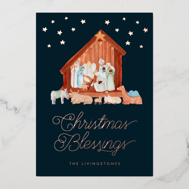 Nativity Christmas Blessings Photo Rose Gold Foil Holiday Card (Front)