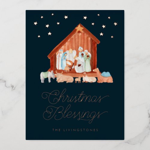 Nativity Christmas Blessings Photo Rose Gold Foil Holiday Postcard