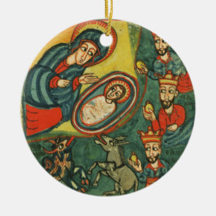 NATIVITY CHRISTMAS PARCHMENT ,ADORATION OF MAGI CERAMIC ORNAMENT