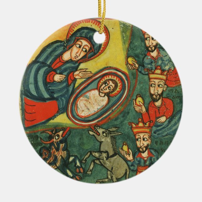NATIVITY CHRISTMAS PARCHMENT ,ADORATION OF MAGI CERAMIC ORNAMENT (Front)