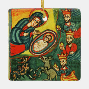 NATIVITY CHRISTMAS PARCHMENT ,ADORATION OF MAGI CERAMIC ORNAMENT