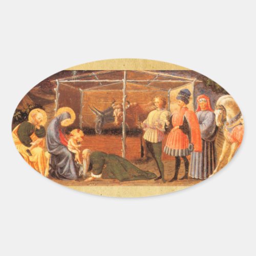 NATIVITY CHRISTMAS PARCHMENT ADORATION OF MAGI OVAL STICKER