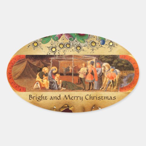 NATIVITY CHRISTMAS PARCHMENT ADORATION OF MAGI OVAL STICKER