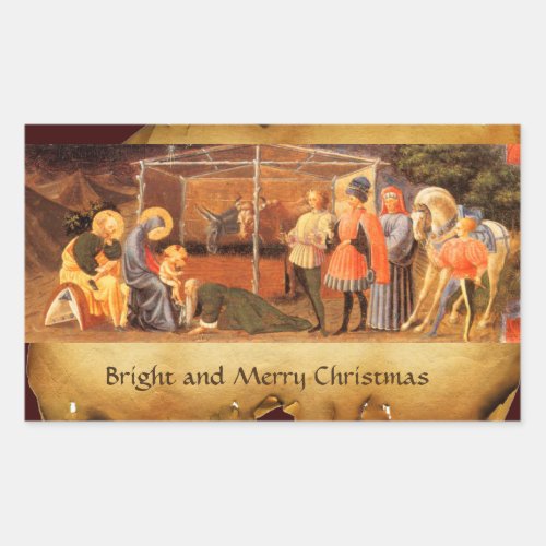 NATIVITY CHRISTMAS PARCHMENT ADORATION OF MAGI RECTANGULAR STICKER