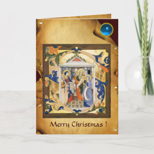 NATIVITY CHRISTMAS PARCHMENT Blue Gem Holiday Card