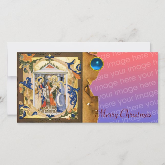 NATIVITY CHRISTMAS PARCHMENT Blue Gem Holiday Card (Front)