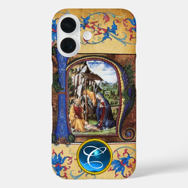 NATIVITY CHRISTMAS PARCHMENT BLUE GEM MONOGRAM Case-Mate iPhone CASE (Back)