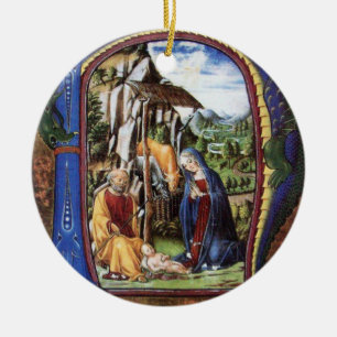 NATIVITY CHRISTMAS PARCHMENT MONOGRAM CERAMIC ORNAMENT