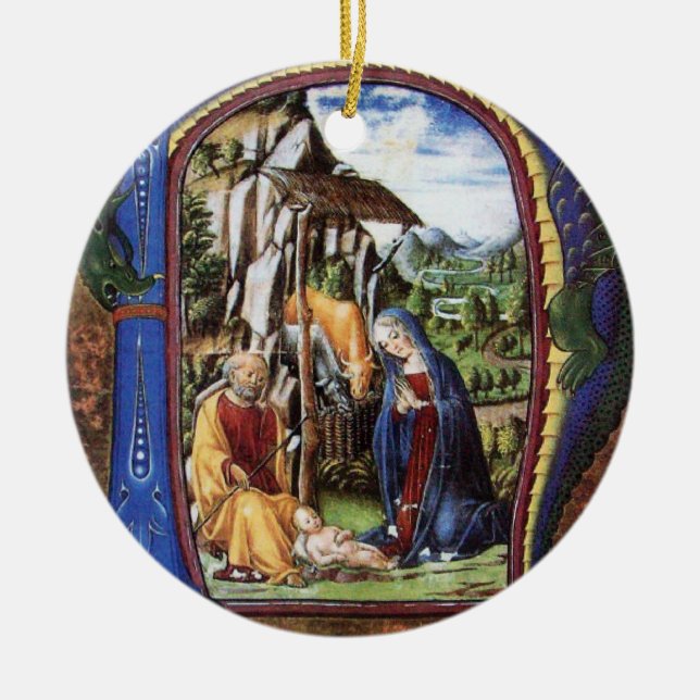 NATIVITY CHRISTMAS PARCHMENT MONOGRAM CERAMIC ORNAMENT (Front)