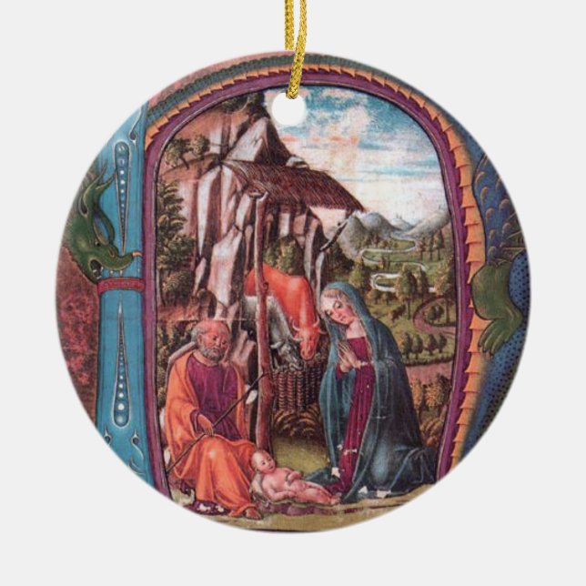 NATIVITY CHRISTMAS PARCHMENT MONOGRAM Pink Blue Ceramic Ornament (Front)