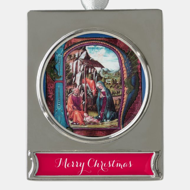 NATIVITY CHRISTMAS PARCHMENT MONOGRAM Pink Blue Silver Plated Banner Ornament (Front)