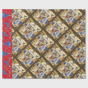 NATIVITY CHRISTMAS PARCHMENT WITH RED BLUE FLOWERS WRAPPING PAPER