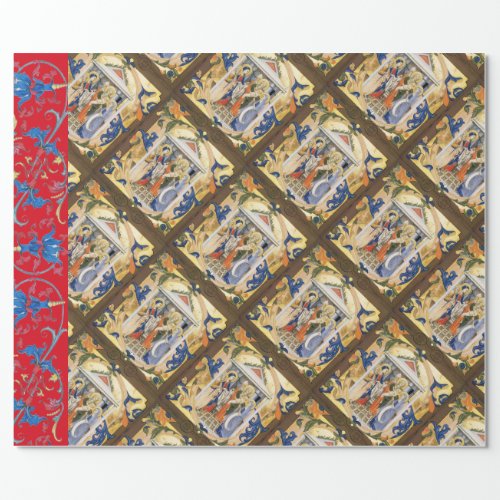 NATIVITY CHRISTMAS PARCHMENT WITH RED BLUE FLOWERS WRAPPING PAPER