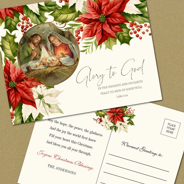 Nativity Christmas Poinsettias Merry Christmas Postcard (Creator Uploaded)
