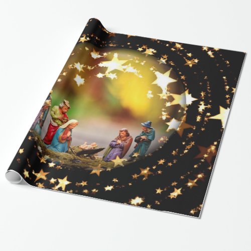 Nativity Crib Virgin Mary Jesus Christmas Stars Wrapping Paper