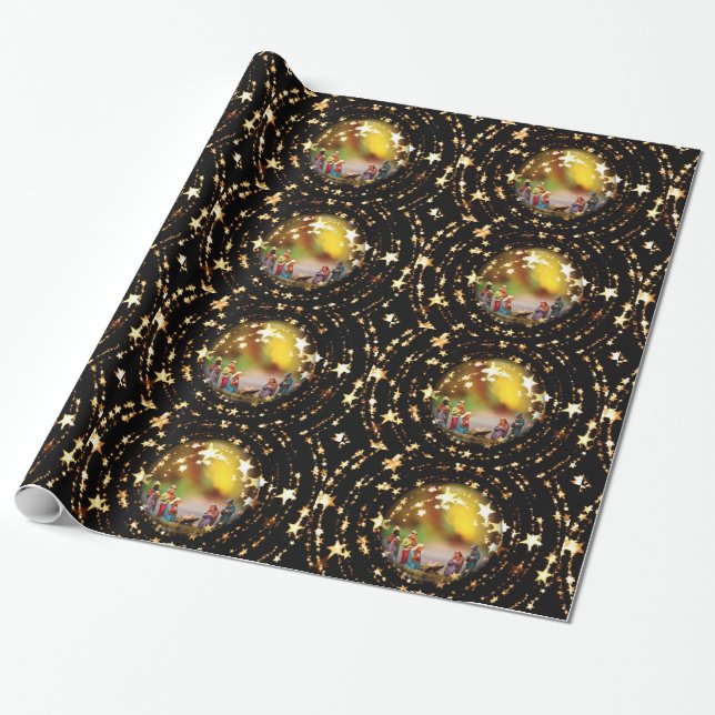 Nativity Crib Virgin Mary Jesus Christmas Stars Wrapping Paper (Unrolled)