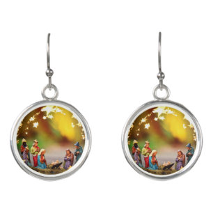 Nativity Crib Virgin Mary Jesus Stars Christmas Earrings