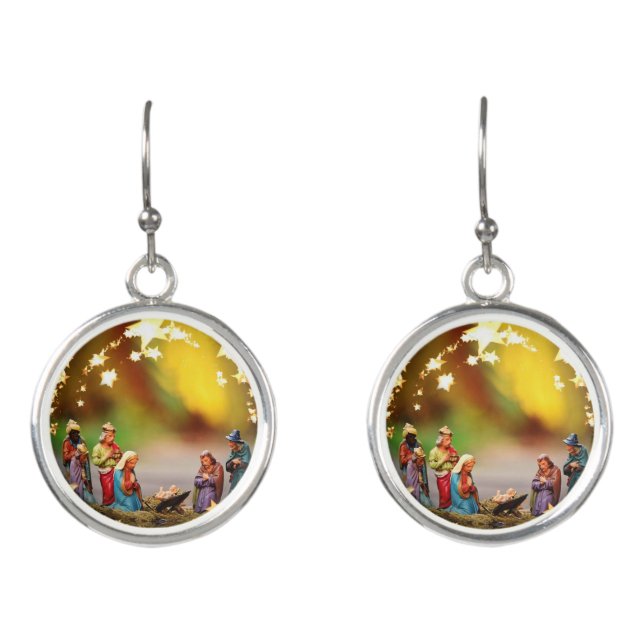 Nativity Crib Virgin Mary Jesus Stars Christmas Earrings (Front)