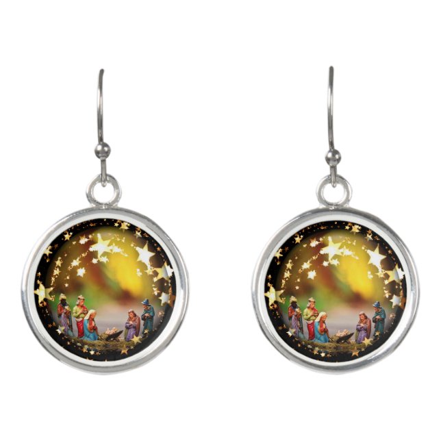 Nativity Crib Virgin Mary Jesus Stars Christmas Earrings (Front)