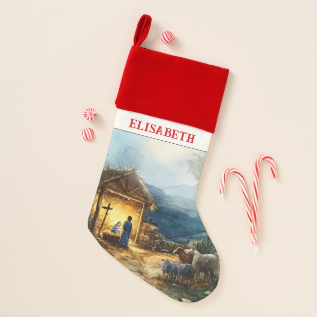 Nativity Custom name watercolor Christmas  Christmas Stocking (Front)