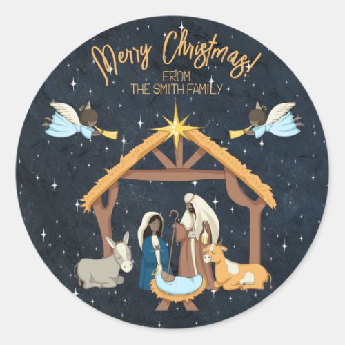 Nativity Dark Skin Tone Christmas Classic Round Sticker