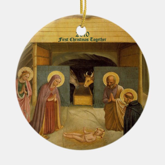 Nativity Fine Art Religious Custom Dated Ceramic Ornament (Front)