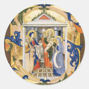 NATIVITY FLORAL CHRISTMAS PARCHMENT CLASSIC ROUND STICKER