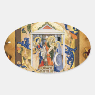 NATIVITY FLORAL CHRISTMAS PARCHMENT OVAL STICKER