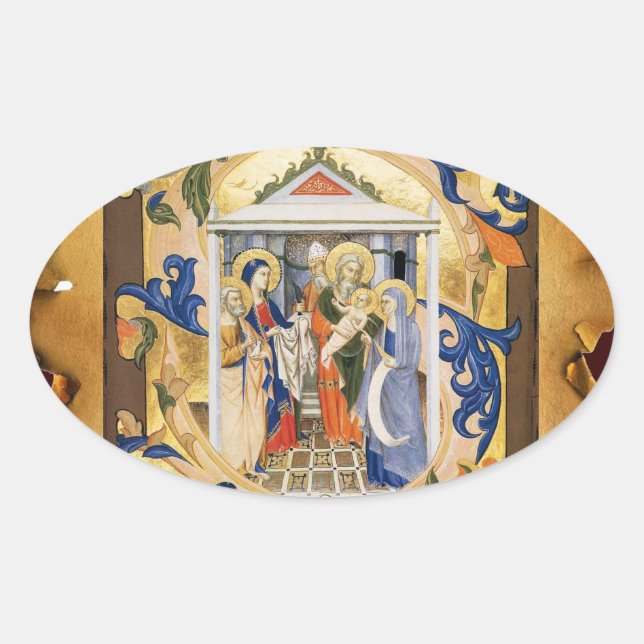 NATIVITY FLORAL CHRISTMAS PARCHMENT OVAL STICKER (Front)