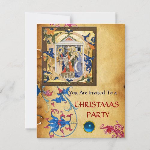 NATIVITY FLORAL CHRISTMAS PARCHMENT WITH BLUE GEM INVITATION