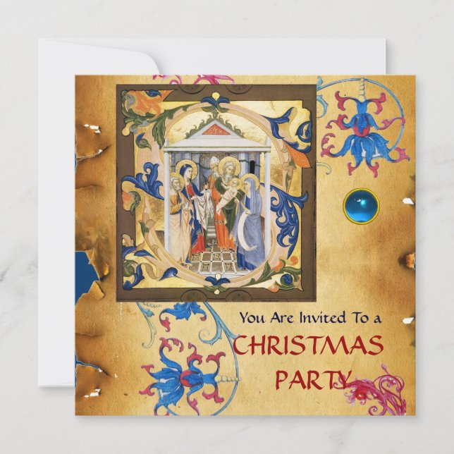 NATIVITY FLORAL CHRISTMAS PARCHMENT WITH BLUE GEM INVITATION (Front)