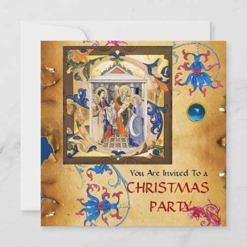 NATIVITY FLORAL CHRISTMAS PARCHMENT WITH BLUE GEM INVITATION