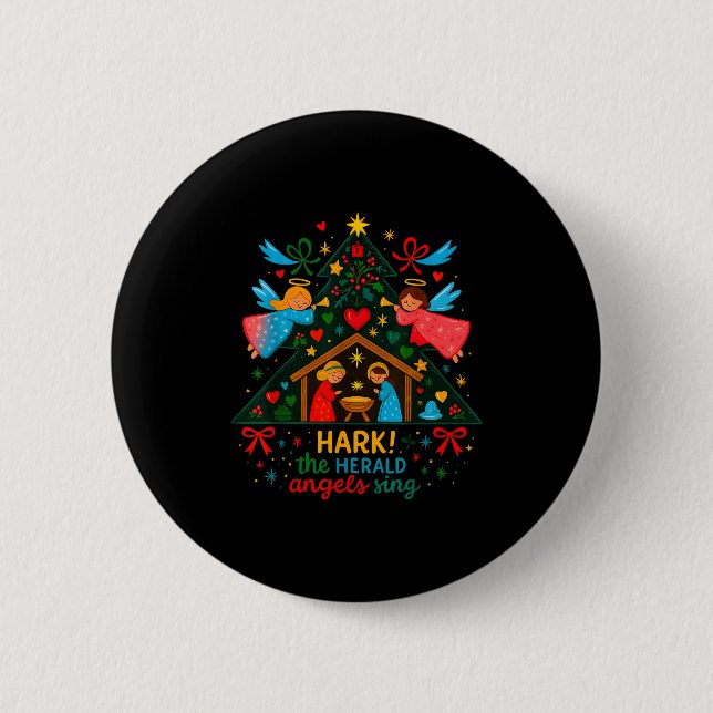 Nativity Hark The Herald Angels Sing Cute Christma Button (Front)
