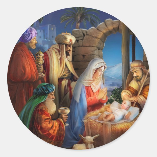 Nativity holiday scene classic round sticker (Front)