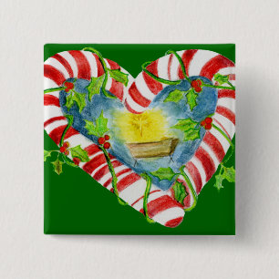Nativity in Candy Cane Heart Pinback Button