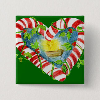 Nativity in Candy Cane Heart Pinback Button