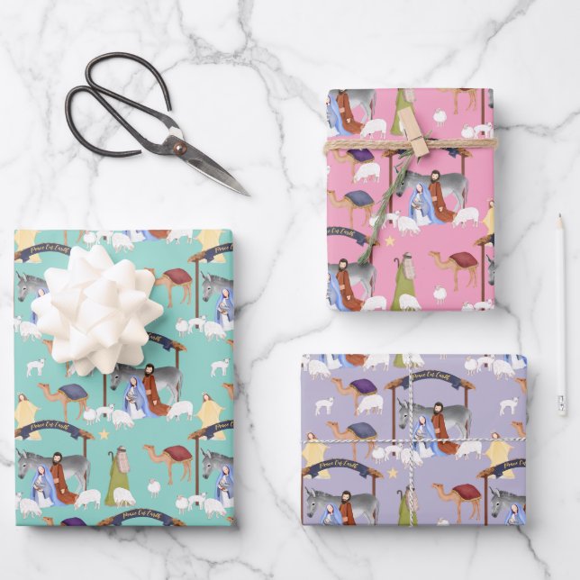 Nativity in pink, blue and purple wrapping paper sheets (Front)