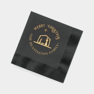 Nativity Jesus Manger Merry Christmas Family Name Foil Napkins