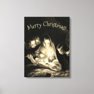Nativity Jesus Virgin Mary Angels Black White Canvas Print