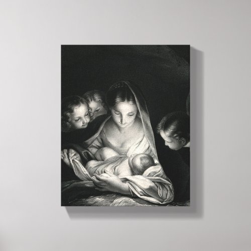 Nativity Jesus Virgin Mary Angels Black White Canvas Print