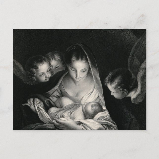 Nativity Jesus Virgin Mary Angels Black White Holiday Postcard (Front)