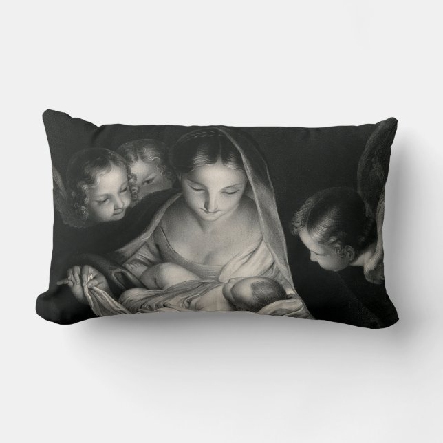 Nativity Jesus Virgin Mary Angels Black White Lumbar Pillow (Front)
