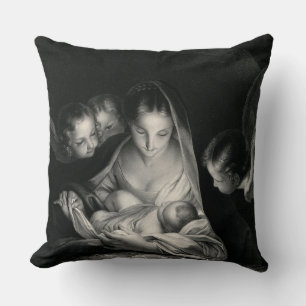 Nativity Jesus Virgin Mary Angels Black White Throw Pillow