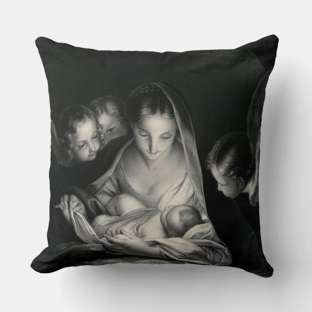 Nativity Jesus Virgin Mary Angels Black White Throw Pillow (Front)
