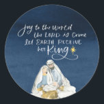 Nativity Joy Watercolor Religious Christmas Classic Round Sticker<br><div class="desc">This modern religious Christmas sticker design features a watercolor nativity scene on a navy blue background.</div>