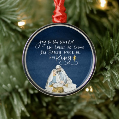 Nativity Joy Watercolor Religious Christmas Metal Ornament