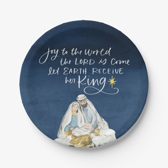 Nativity Joy Watercolor Religious Christmas Paper Plates (Front)